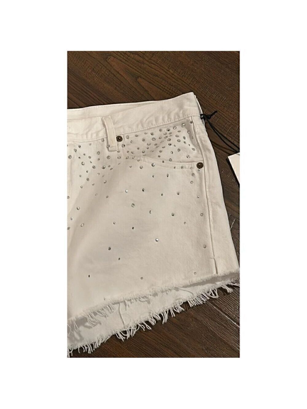 Re/done & Pam Crystal Mid-rise White Denim Shorts Size 32 (10-12) - Picture 11 of 14